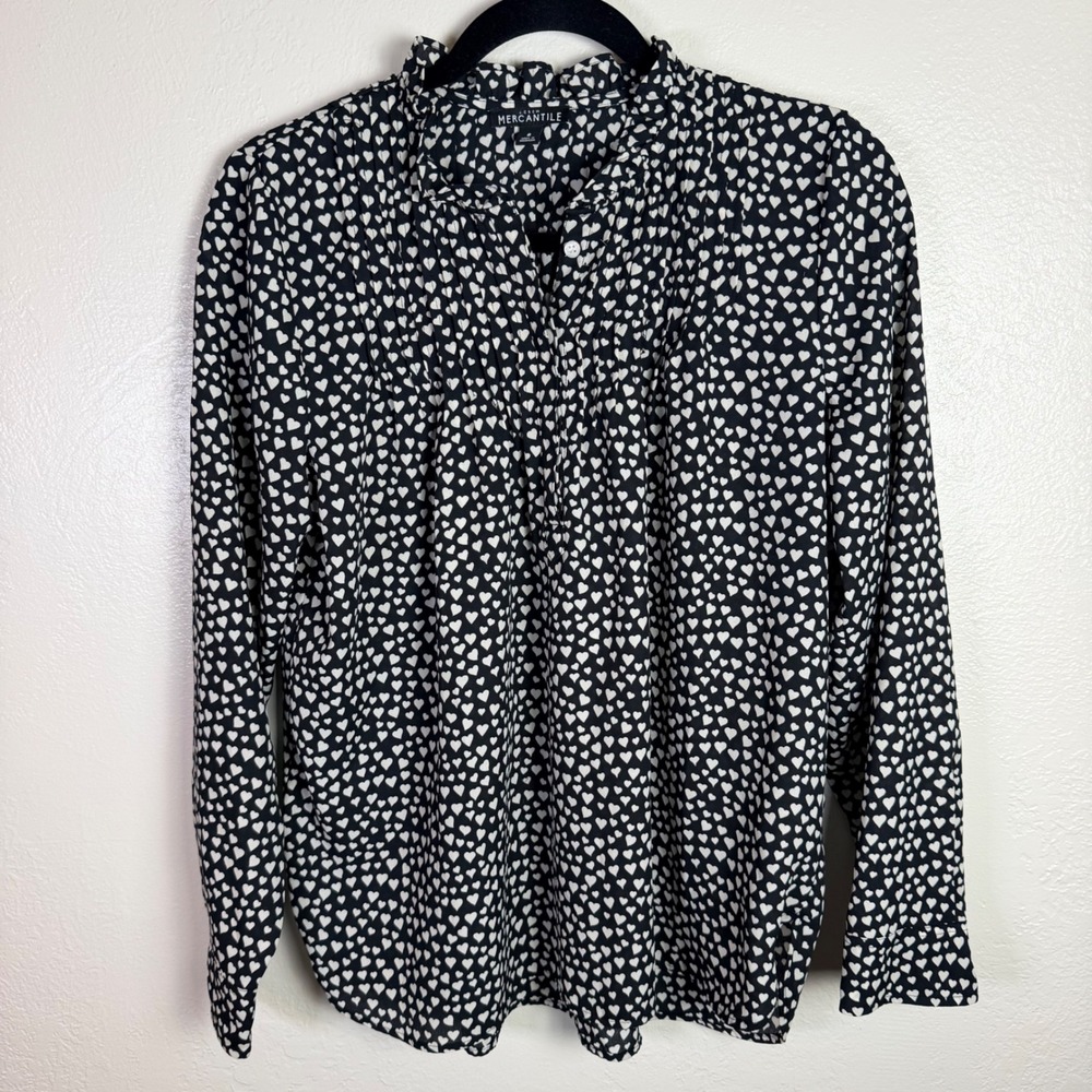 J Crew Women's 8 Heart Print Ruffle Neck Blouse Office Career Valentines Preppy